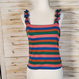 Ruffle strap striped ribbed tank